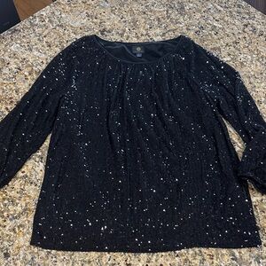 JM Collection Drapey Black Sequin Blouse, 3/4 sleeves
